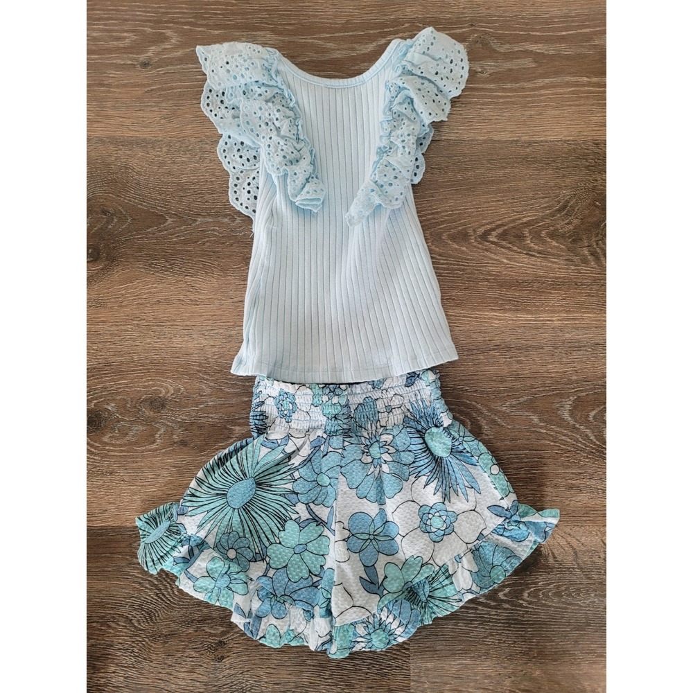 Jessica Simpson Baby Girls Blue Floral Eyelet Set Top and Shorts 24M Ruffle #6